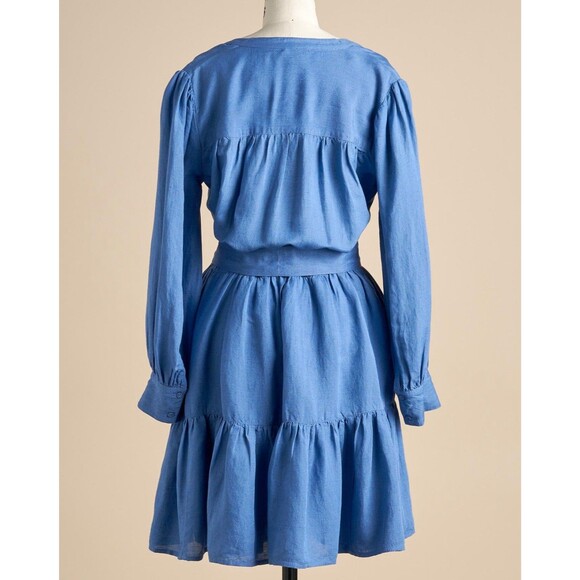 Sundance Elderflower Linen Blend Tiered Dress Size M Blue Long Sleeve Tie Belt - Picture 2 of 16